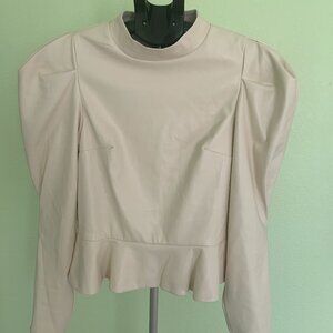 Express Faux Leather Top Size M Ivory Cream Mock Neck Puff Sleeve Peplum zip